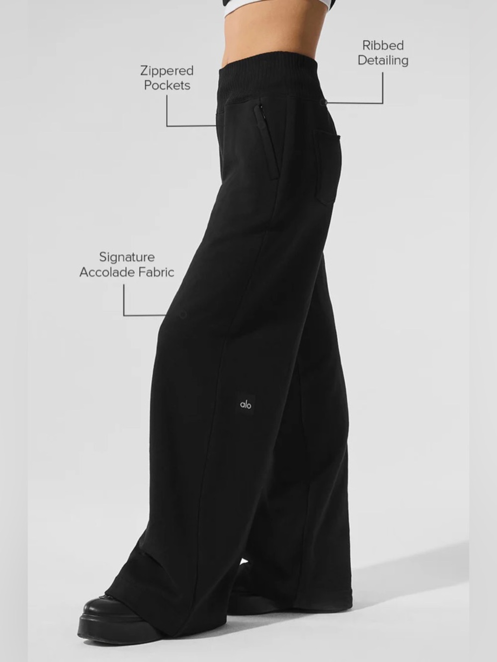 ALO Yoga Serenity Cropped Coverup + Wide Leg Sweatpant Black Size Medium - Picture 2 of 15